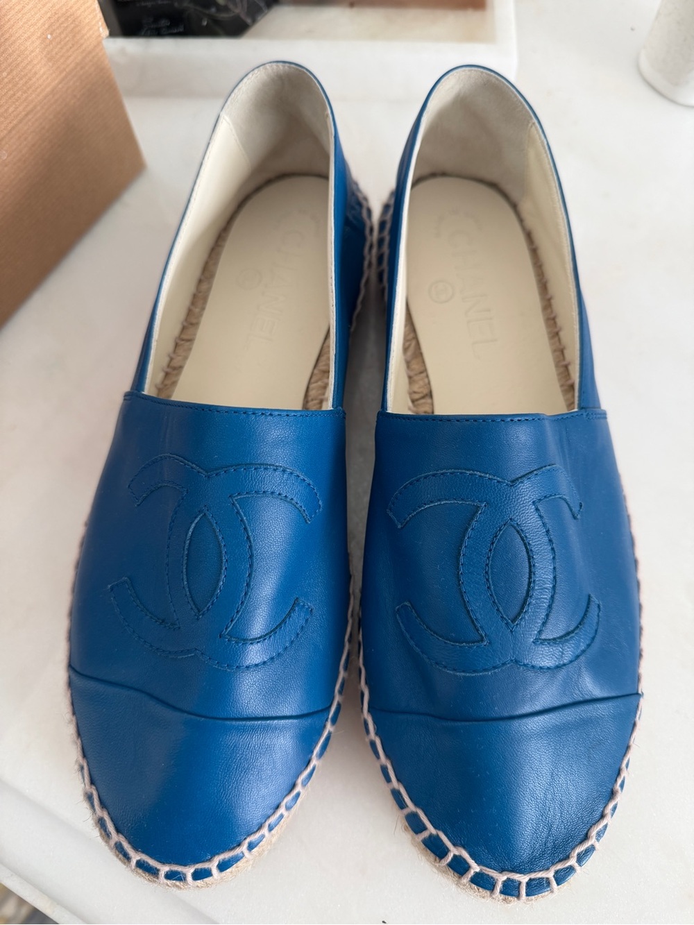CHANEL Blue Leather Espadrilles with Stitched CC Logo